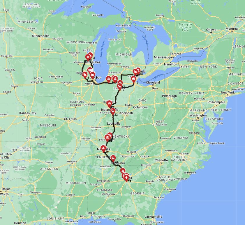 Map for Chicago to Atlanta - The All-American Auto Adventure